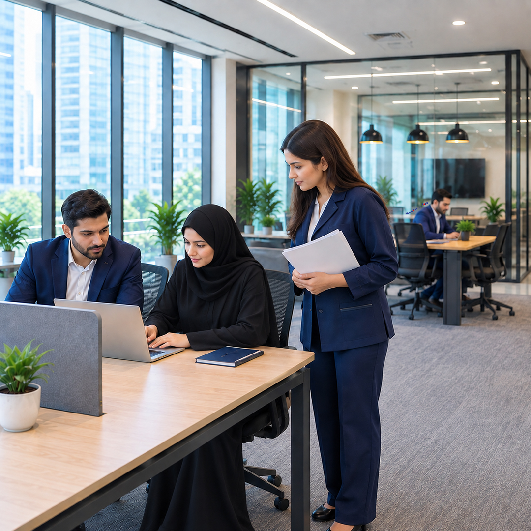 Contemporary corporate office environment with employees collaborating