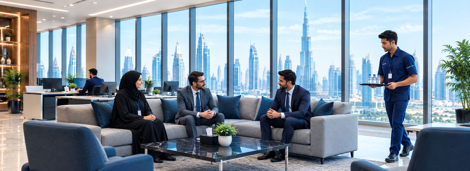 Modern corporate workplace with employees and facility support activity