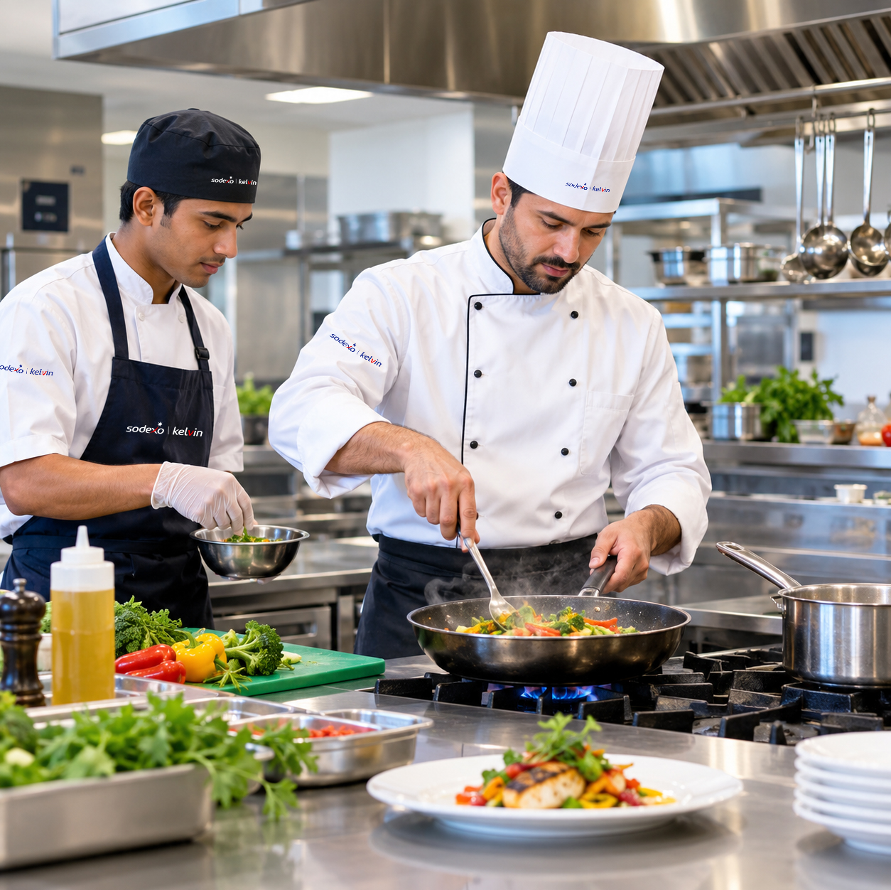 Professional catering team serving personnel