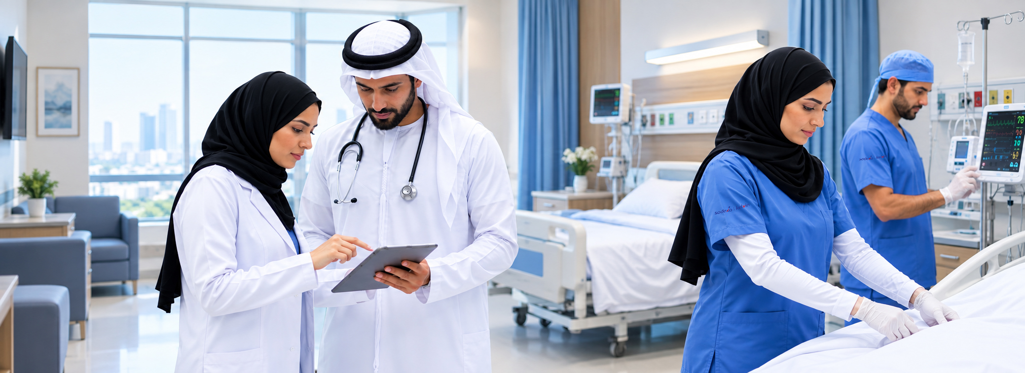 Healthcare professionals working within a modern hospital or medical facility